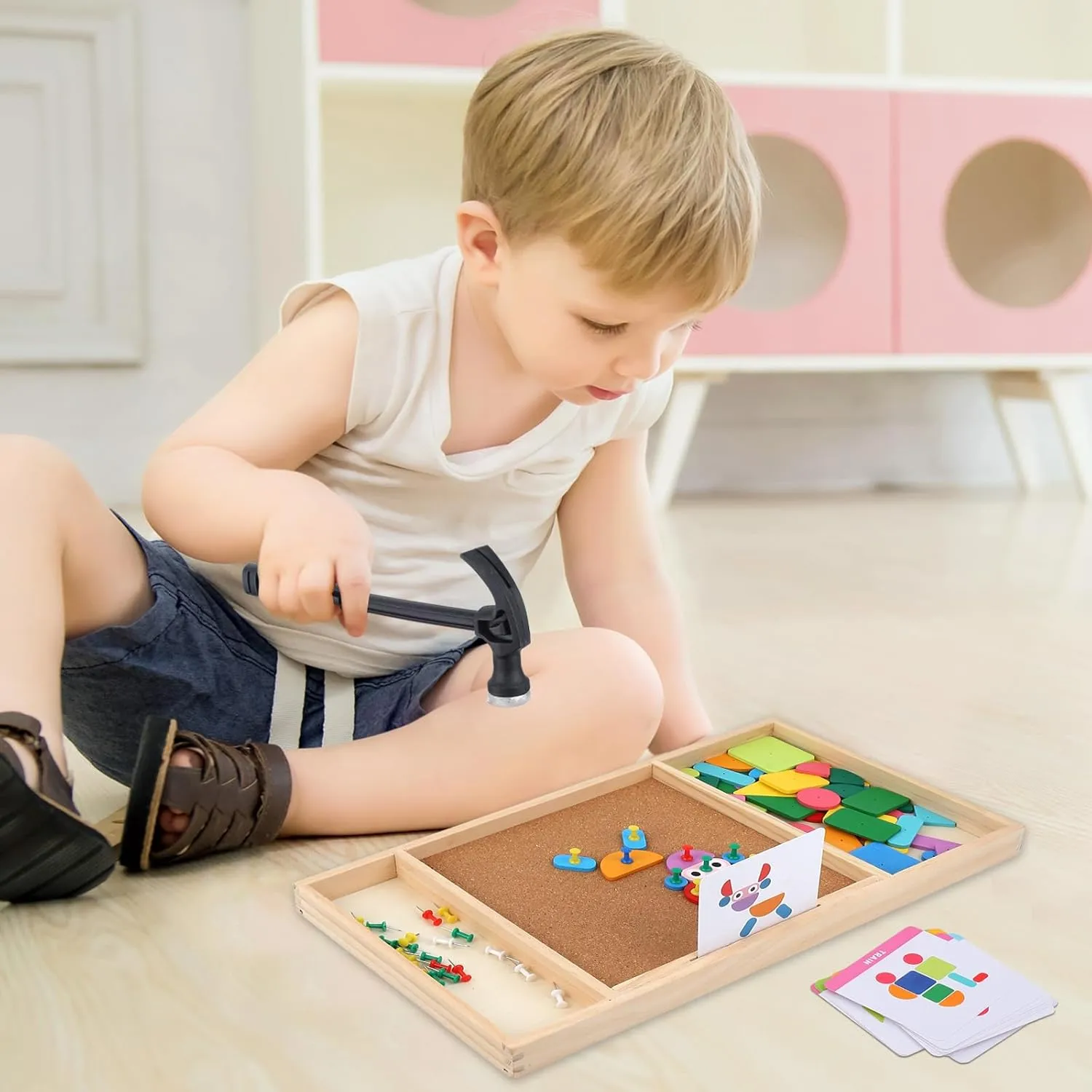 YHZAN Kids Wooden Building Blocks Set, Hammer and Nails Game Children Toys for Toddlers and Preschoolers, Build a House, Castle, Car, Boat (Modern, Large Size)
