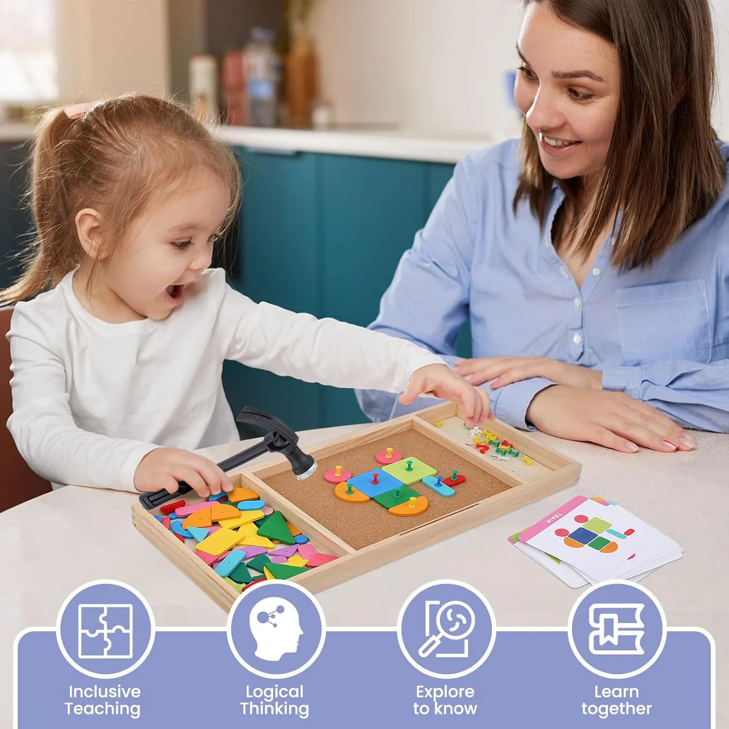 YHZAN Kids Wooden Building Blocks Set, Hammer and Nails Game Children Toys for Toddlers and Preschoolers, Build a House, Castle, Car, Boat (Modern, Large Size)