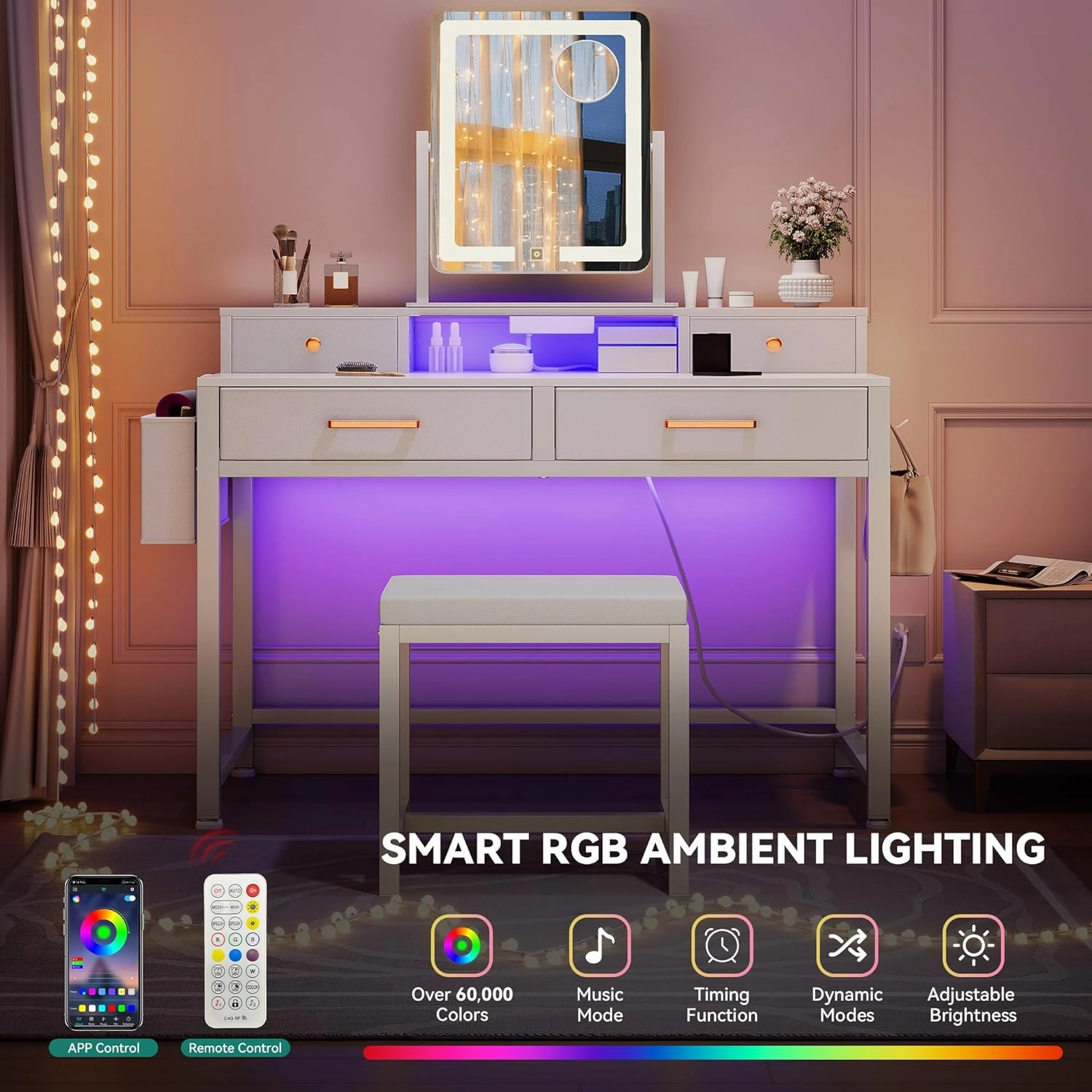 YITAHOME Vanity Desk Set with LED Mirror & Charging Station, 4-Drawer Makeup Table with Light Strip and Stool, Modern Dressing Table