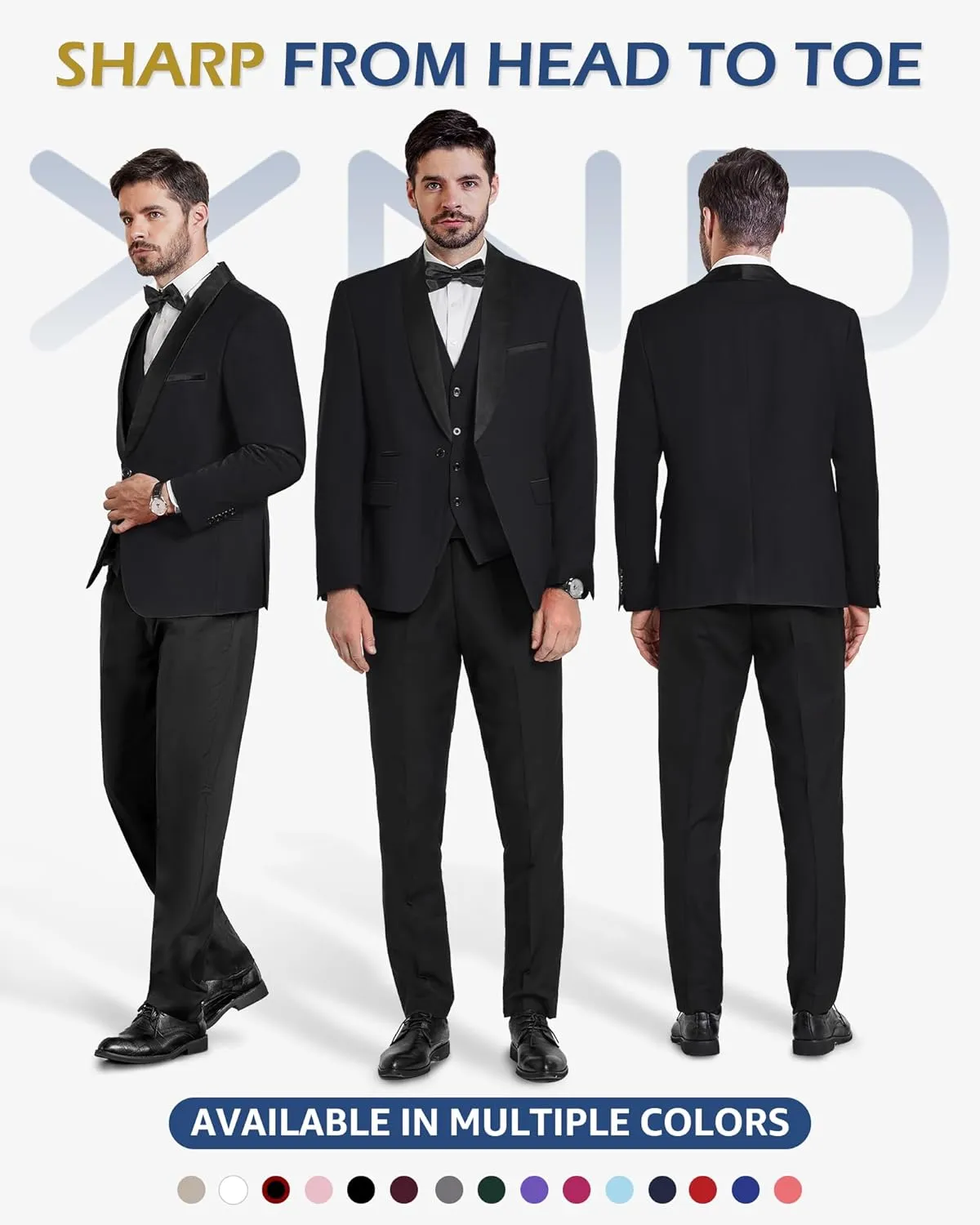 YND Men's 3 Piece Slim Fit Tuxedo Set, One Button Shawl Collar Solid Jacket Vest Pants with Bow Tie