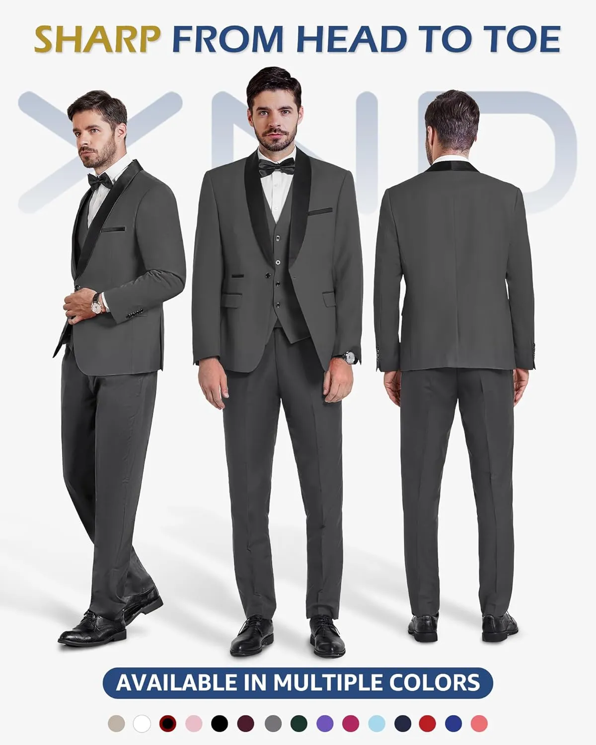 YND Men's 3 Piece Slim Fit Tuxedo Set, One Button Shawl Collar Solid Jacket Vest Pants with Bow Tie