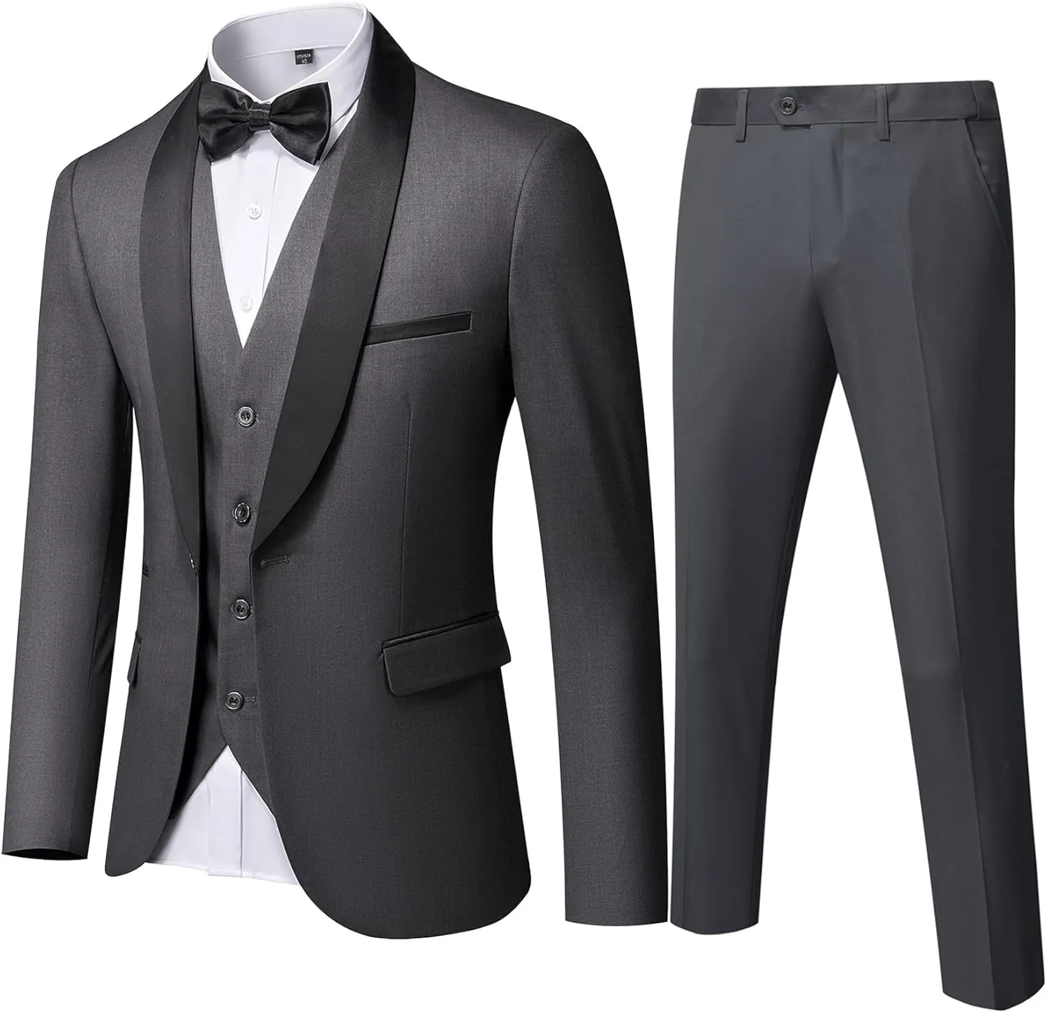 YND Men's 3 Piece Slim Fit Tuxedo Set, One Button Shawl Collar Solid Jacket Vest Pants with Bow Tie