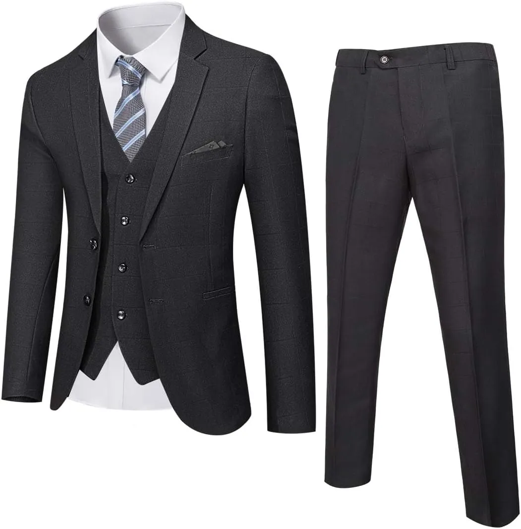 YND Men's Slim Fit 2 Button 3 Piece Suit Set, Solid Blazer Jacket Vest Pants & Tie