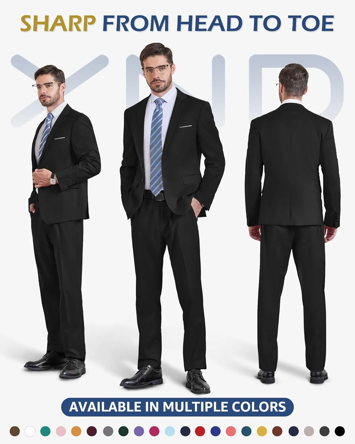 YND Men's Slim Fit 2 Piece Suit, 2 Button Notch Lapel Solid Jacket Pants Set with Tie, Party Wedding Dress Blazer Tux