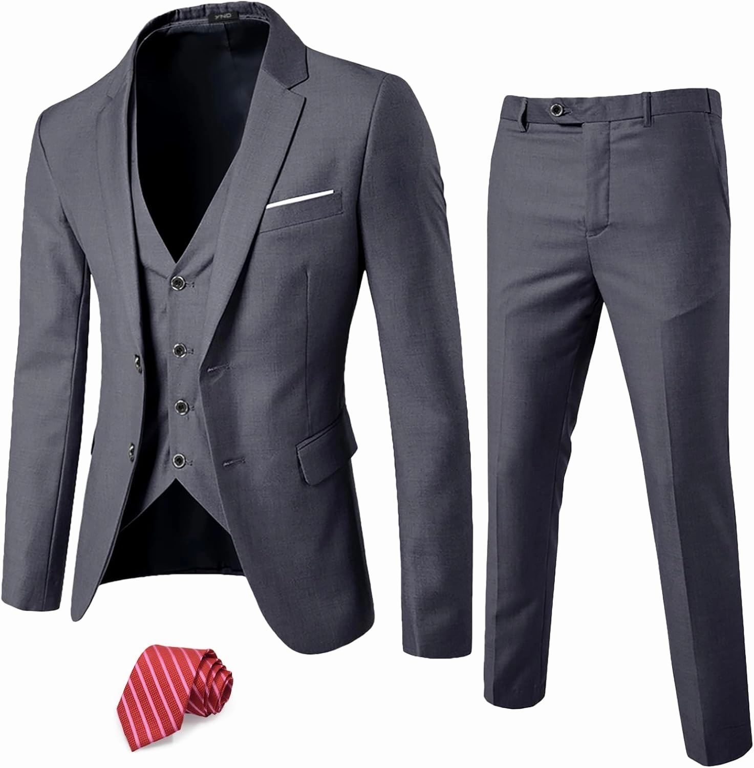YND Men's Slim Fit 2 Button 3 Piece Suit Set, Solid Blazer Jacket Vest Pants & Tie