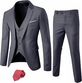 YND Men's Slim Fit 2 Button 3 Piece Suit Set, Solid Blazer Jacket Vest Pants & Tie