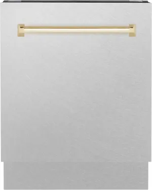 ZLINE Autograph Edition 24 in. Tallac Series 3rd Rack Top Control Built-In Tall Tub Dishwasher with Satin Stainless Steel Panel and Polished Gold Handle, 51dBa (DWVZ-SN-24-G)