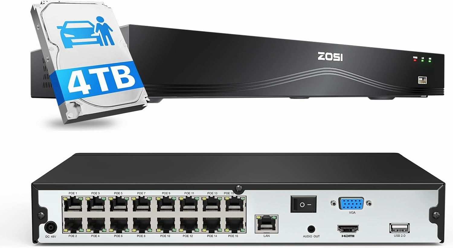 ZOSI 4K 24CH Network Video Recorder, 24 Channel 16-Port 8MP Dual-Disk Backup POE NVR Surveillance System, Pre-Installed 4TB Hard Drive, 24/7 Recording, Only Work with 4K/5MP/4MP/3MP HD ZOSI PoE Camera