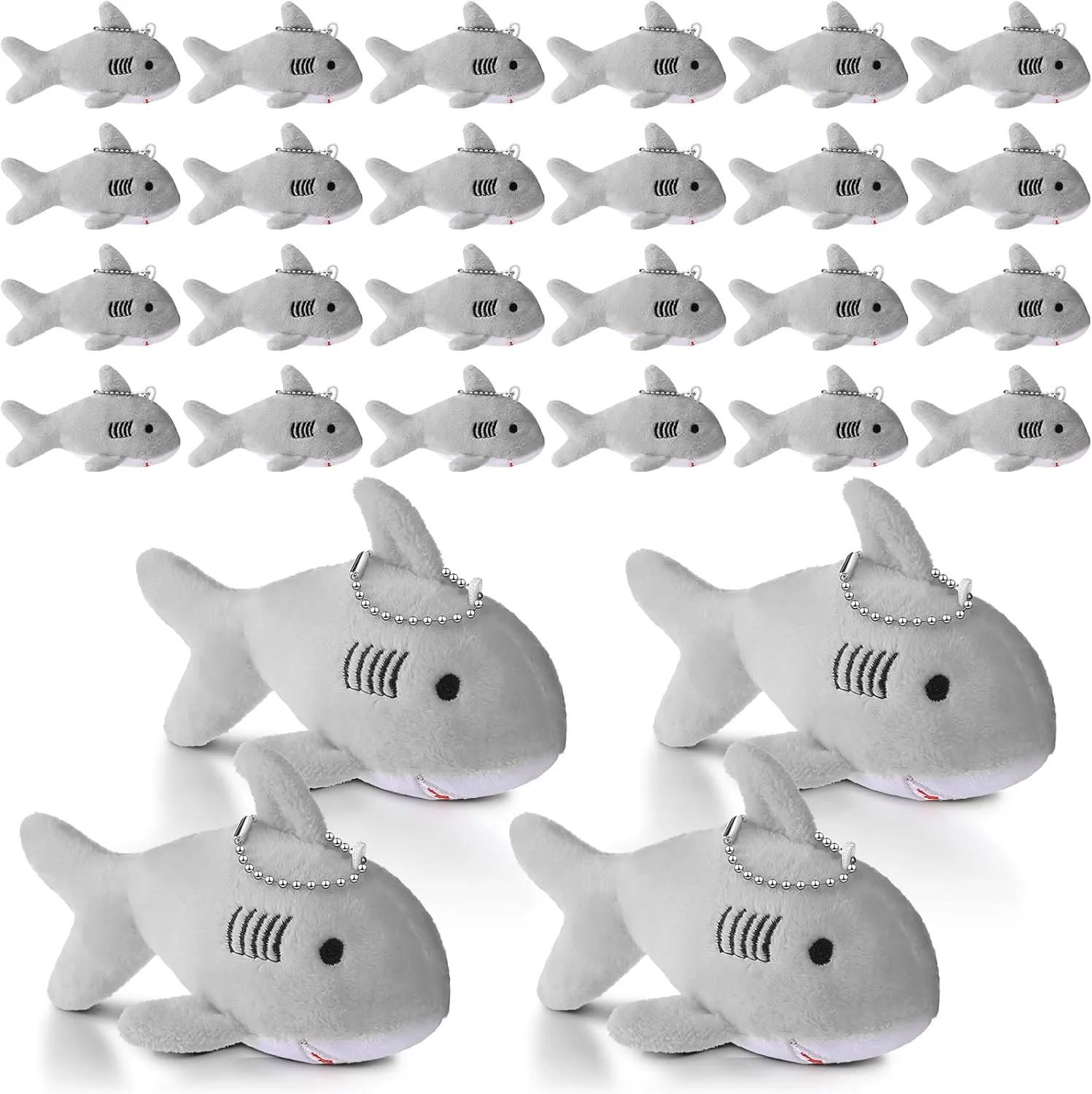 Zubebe 24 Pcs Shark Party Favors Bulk Shark Keychain Plush Mini Animal Stuffed for Baby Shower Classroom School Birthday Party Decorations(Gray)